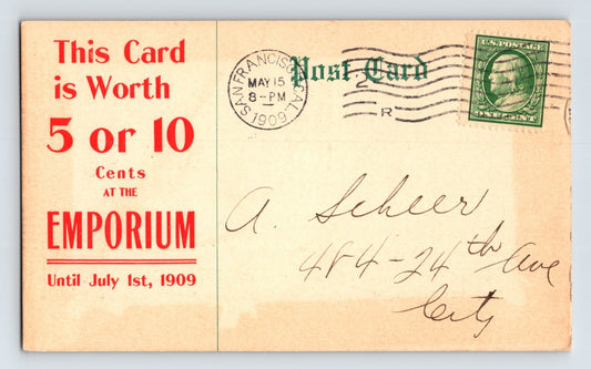 San Francisco California Emporium oil coupon advertising postcard 1909 red promotional text mailed with stamp