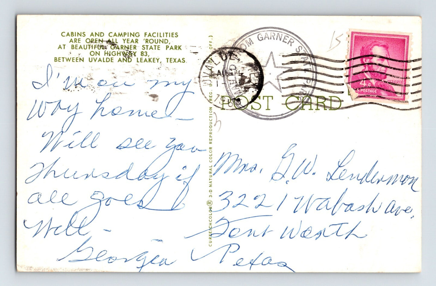 Leakey Texas Garner Camp Cabin 1960s Postcard Posted Chrome