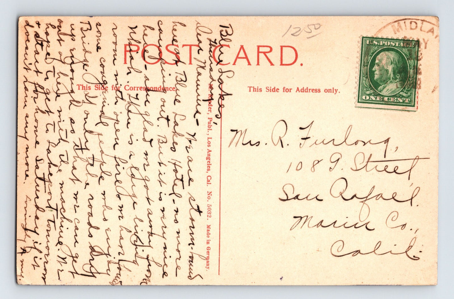Ukiah California Fish Hatchery Northwestern Pacific Railroad 1908 Postcard