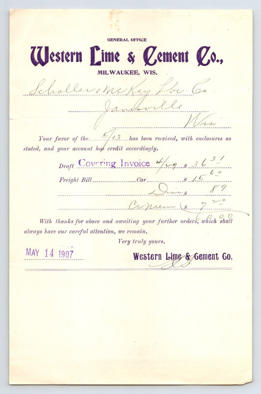 Milwaukee Wisconsin Western Lime Cement Company 1907 billhead construction materials invoice document