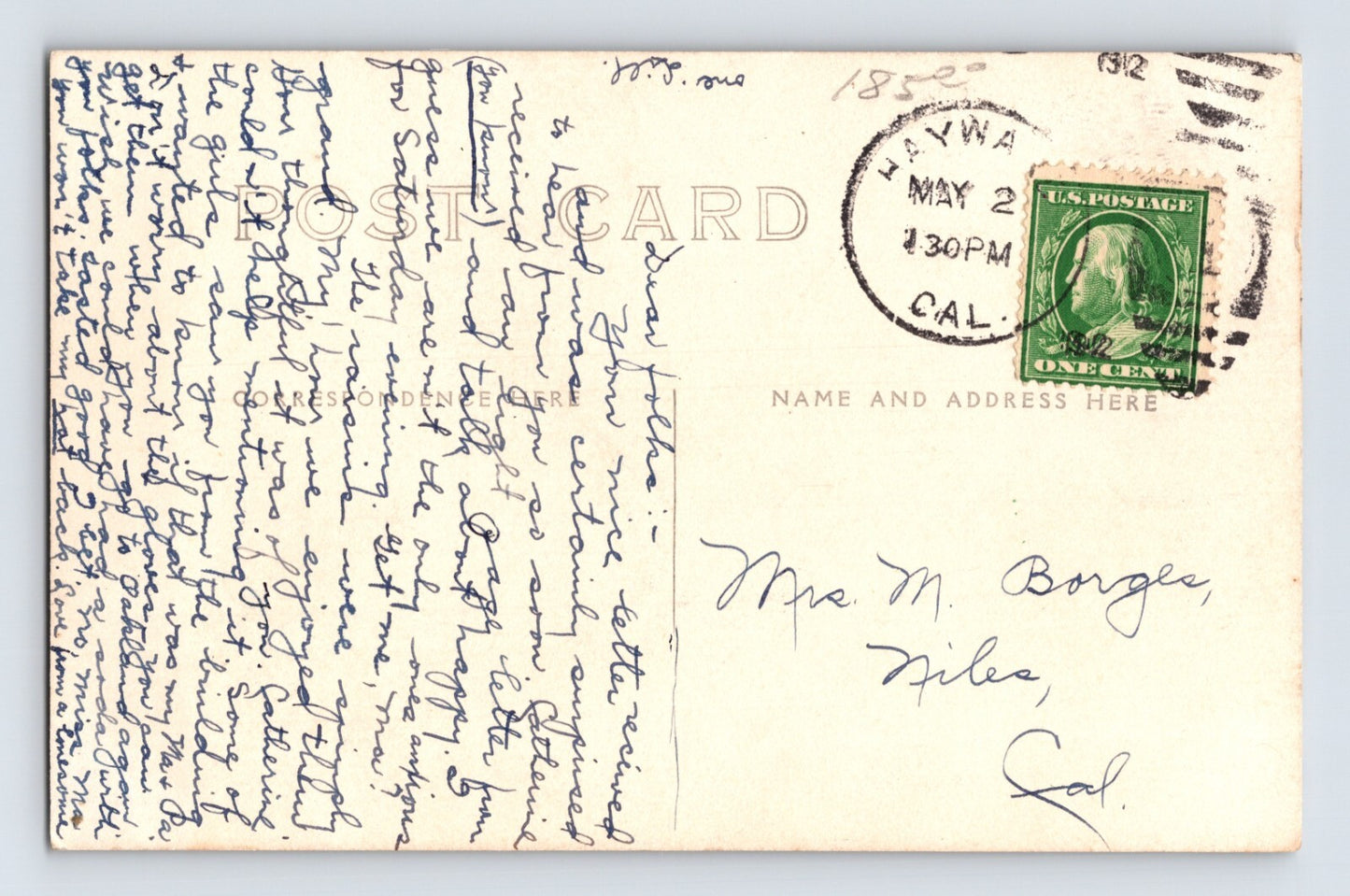 Hayward California Union High School 1912 RPPC Postcard Posted Divided Back