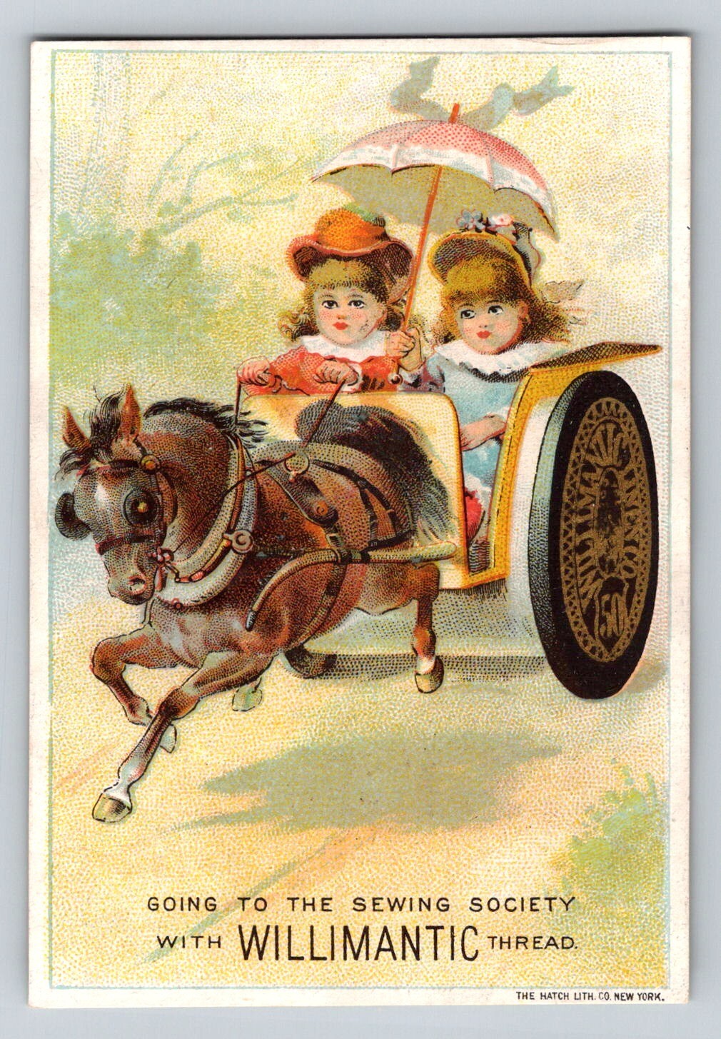 Victorian trade card Willimantic Thread little girls horse cart sewing society Palmyra New York