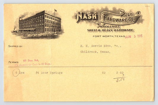 Fort Worth Texas 1916 Nash Hardware Co Wholesale Shelf Heavy Hardware Billhead 6 Doz Door Springs