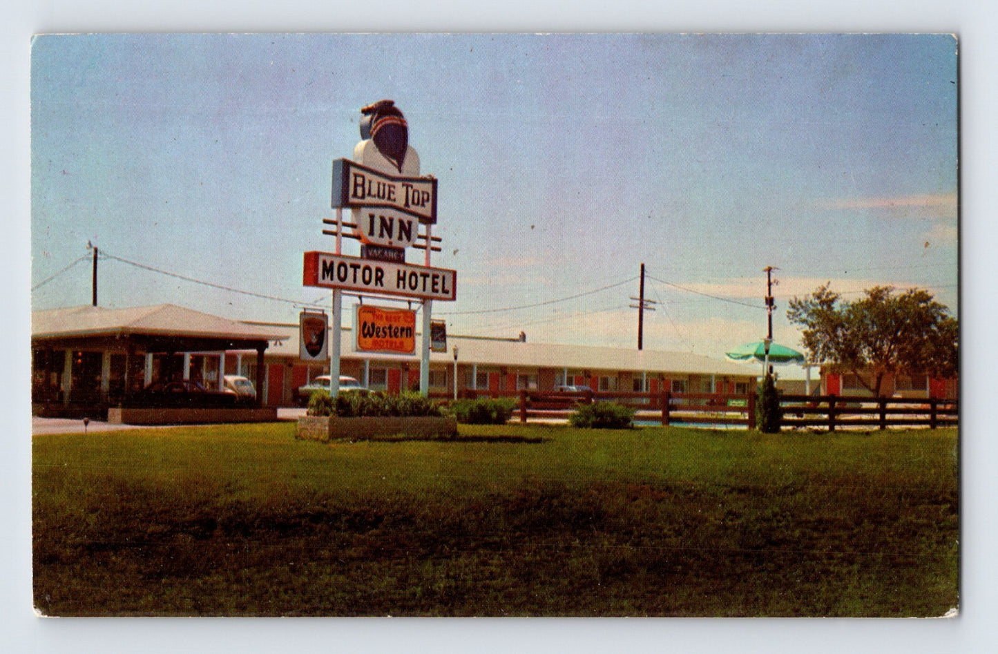 Lamar Missouri Blue Top Inn Motor Hotel motel roadside sign chrome postcard 1960s