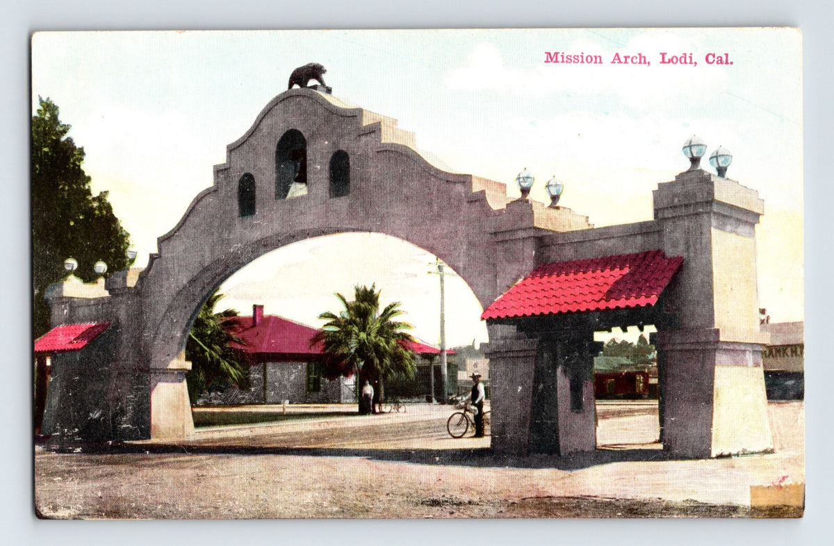 Lodi California mission arch bicycle street scene early 1910s postcard divided back