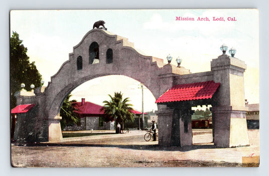 Lodi California mission arch bicycle street scene early 1910s postcard divided back