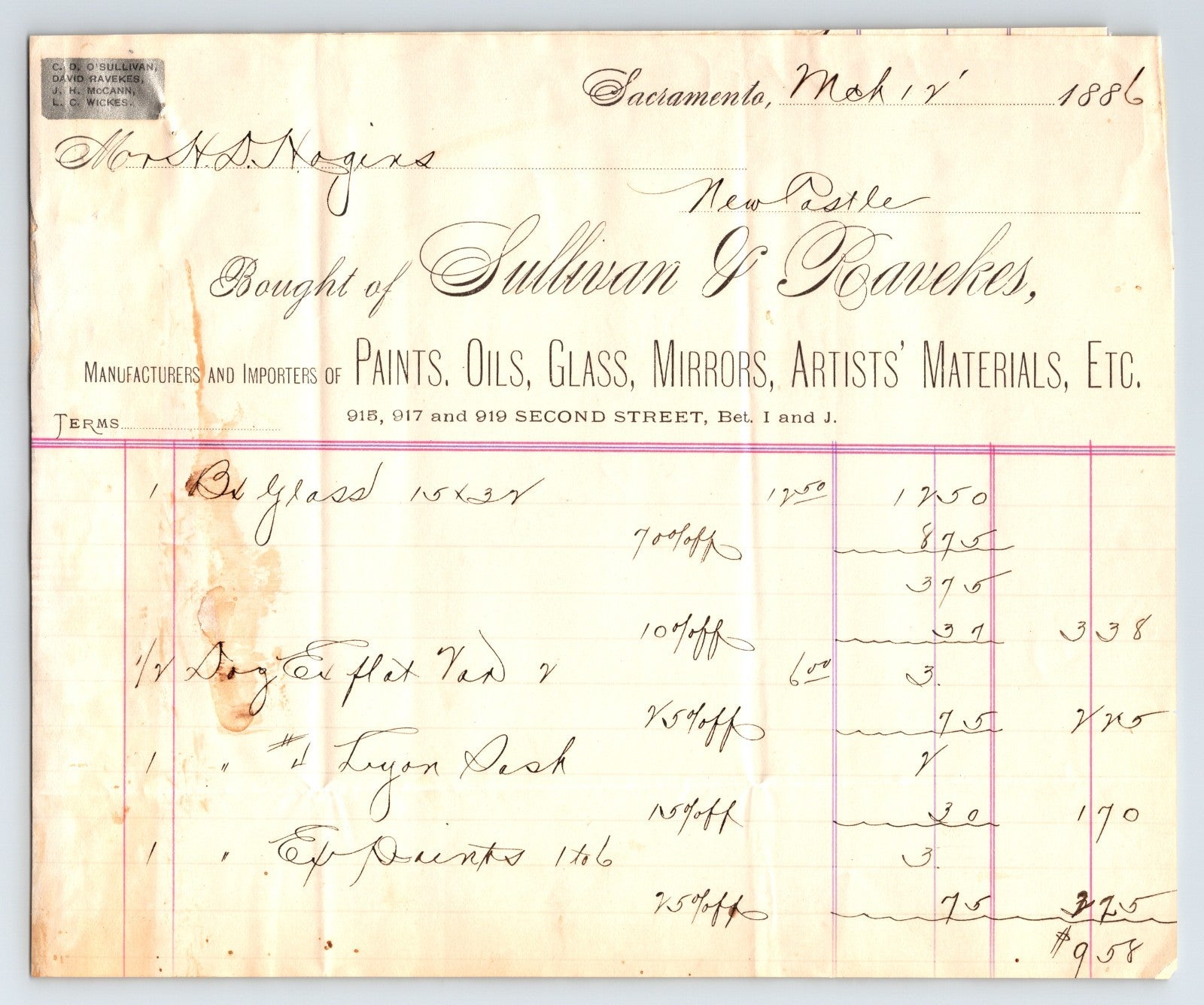 Sacramento California 1886 Sullivan Ravekes billhead for paints oils glass mirrors and artists materials with handwritten entries and ledger totals