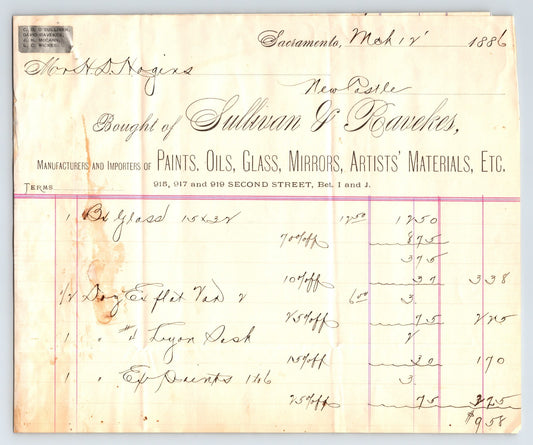 Sacramento California 1886 Sullivan Ravekes billhead for paints oils glass mirrors and artists materials with handwritten entries and ledger totals