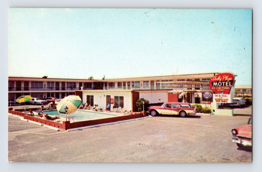 Clearwater Florida Shelby Plaza Motor Hotel pool courtyard cars 1960s chrome postcard