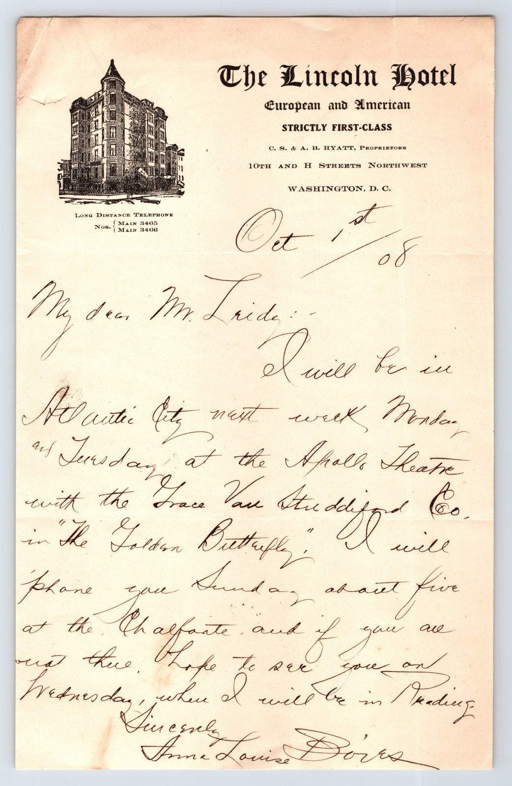 Letter from The Lincoln Hotel with a building illustration and handwritten text.