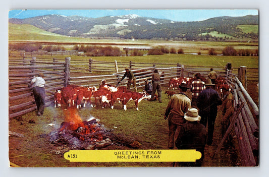 McLean Texas Cattle Brand Iron Round Up Ranch 1950s Postcard Unposted Chrome