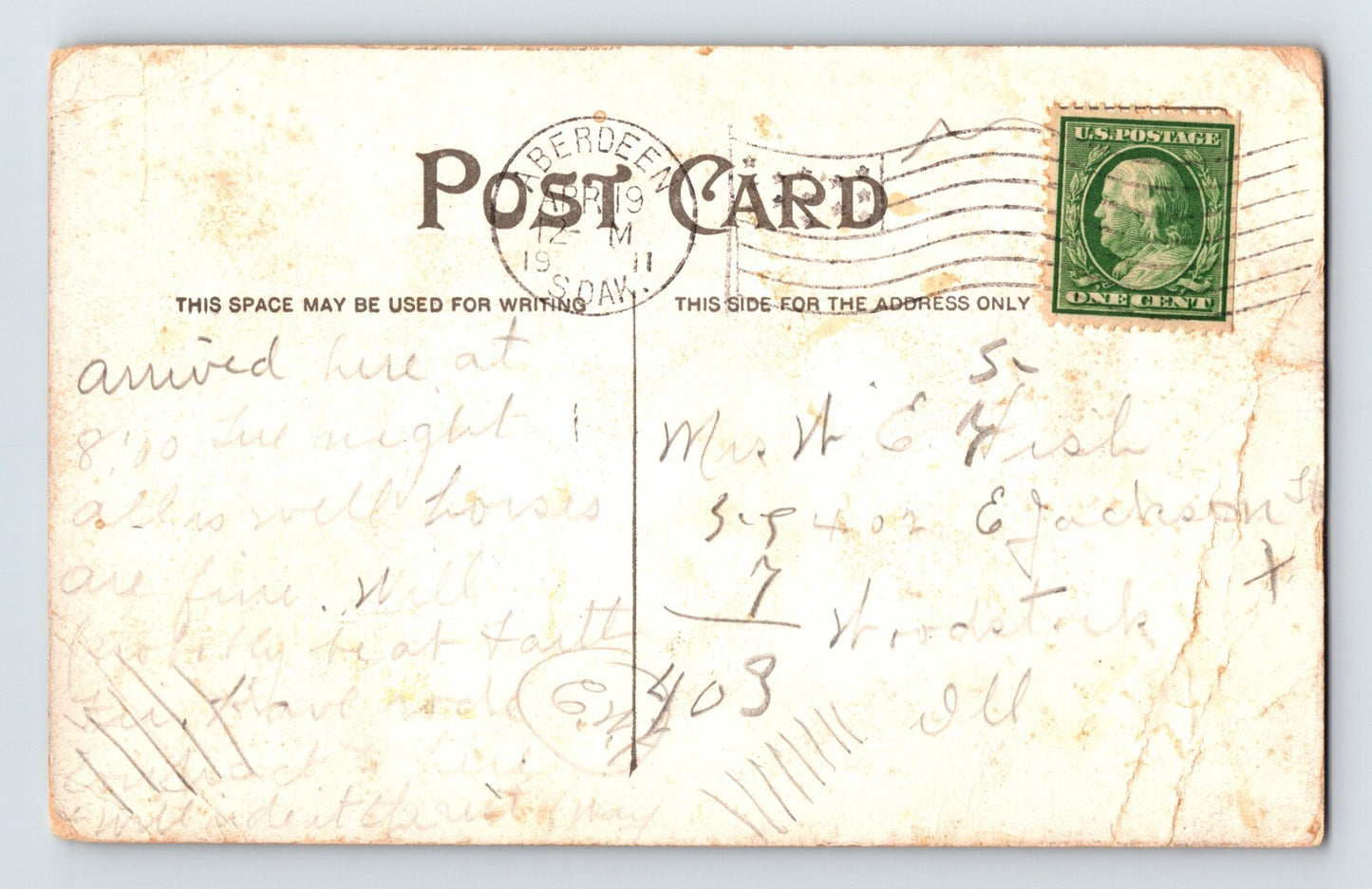 Aberdeen South Dakota Main Street Fifth Avenue Idle Hour 1911 Postcard Posted