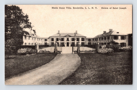Vintage postcard of Marie Anna Villa in Brookville Long Island New York showing a large estate building with central entrance gates and landscaped grounds.