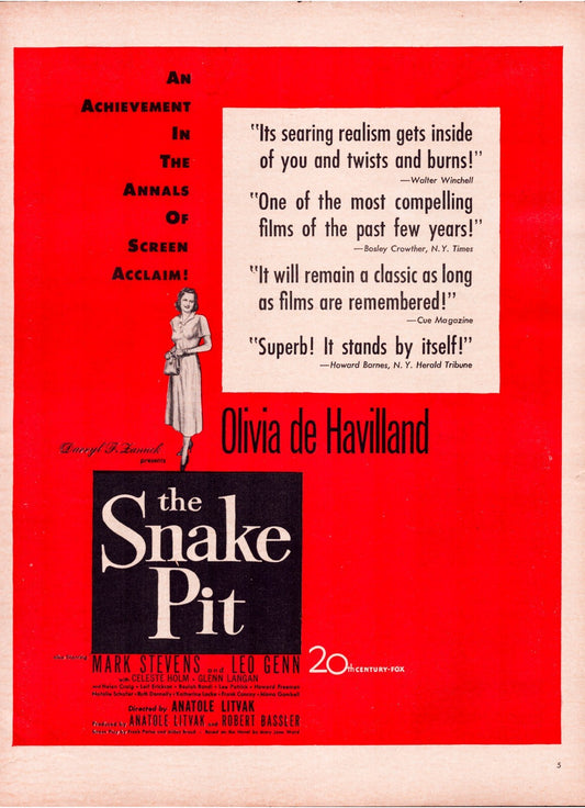 Snake Pit 1948 Olivia de Havilland film advertisement magazine page