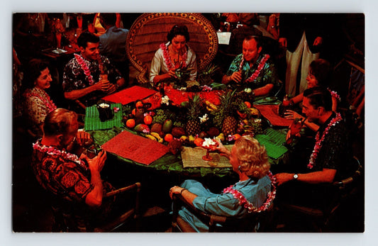 Postcard front shows interior dining scene Kahiki Polynesian Restaurant Columbus Ohio 1960s unposted