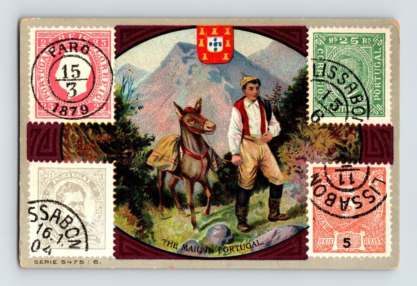 Portugal mail postage stamps trade card donkey courier mountain scene 1910s