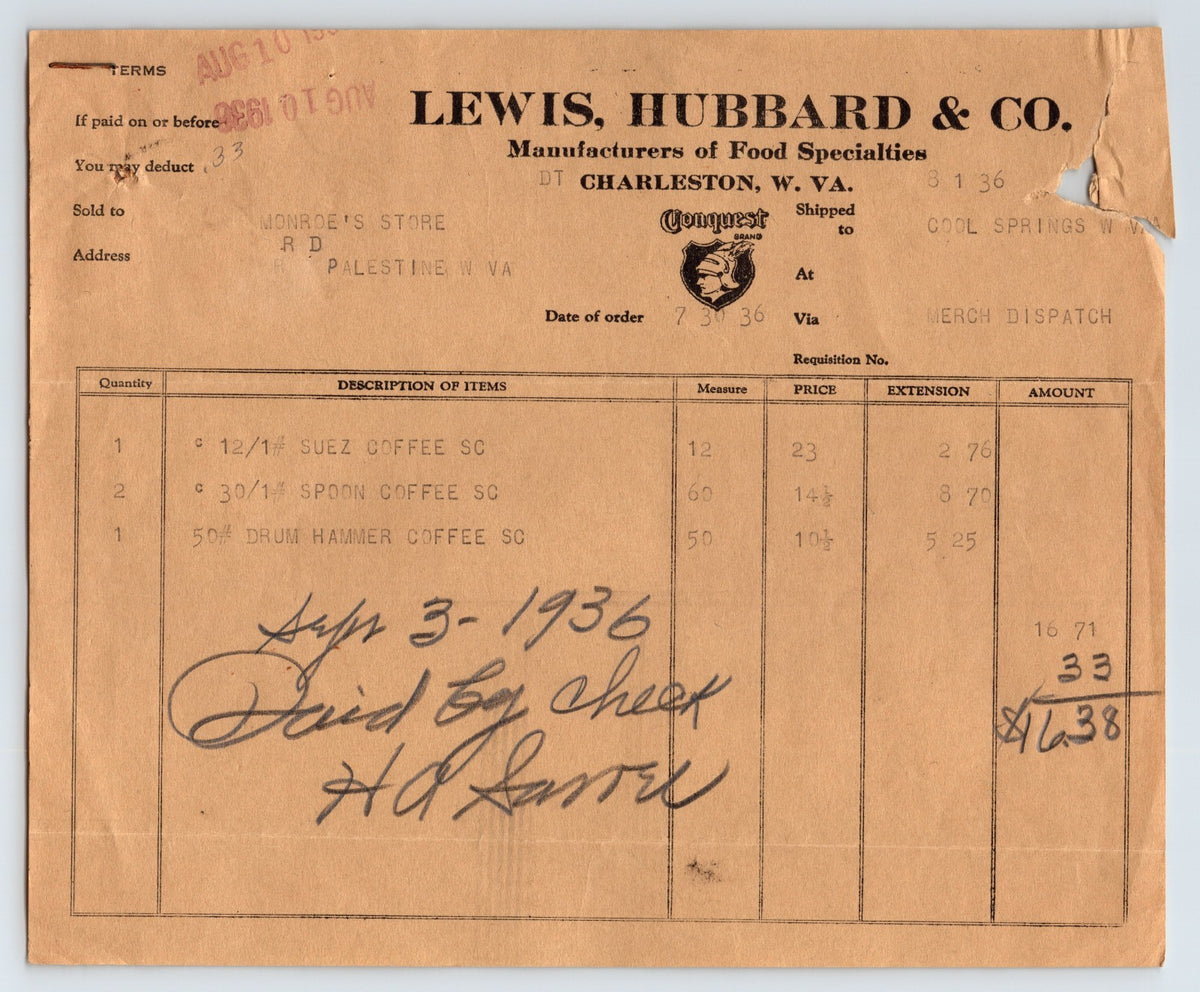Charleston West Virginia Lewis Hubbard Company coffee manufacturer billhead 1936
