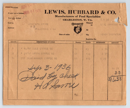 Charleston West Virginia Lewis Hubbard Company coffee manufacturer billhead 1936