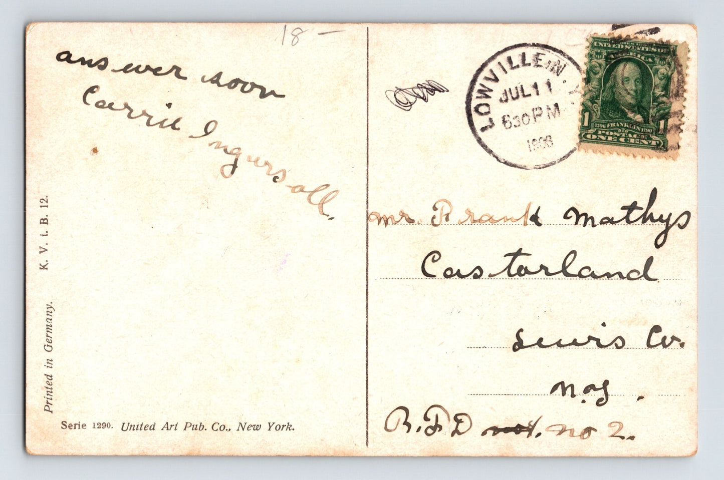 Lowville New York Good Luck Four Leaf Clover 1908 Postcard Posted Divided