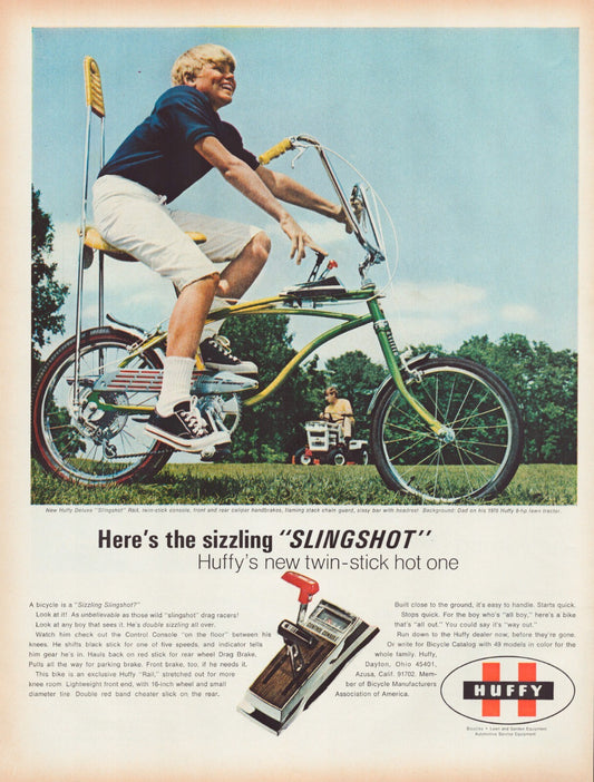 Huffy Slingshot bicycle 1969 print ad showing boy riding green banana seat bike with tall handlebars and twin stick shifter