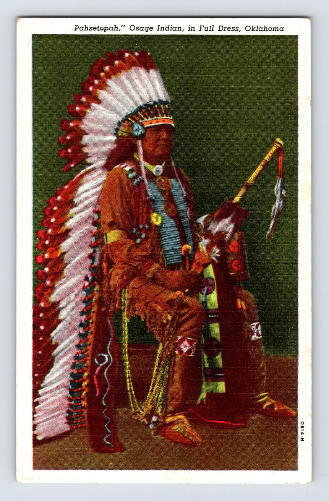 Osage Oklahoma Pahsetopah Native American full dress headdress portrait 1940s postcard