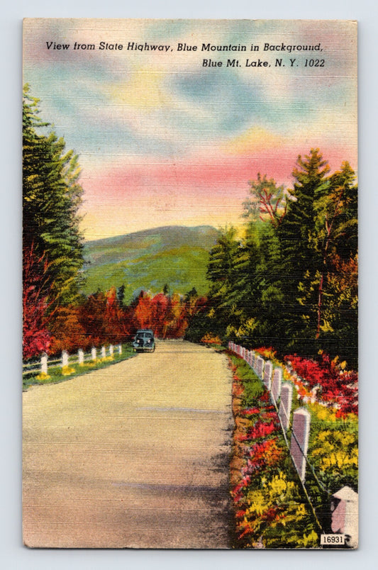 Blue Mountain Lake New York Highway 1940s Postcard Unposted Linen