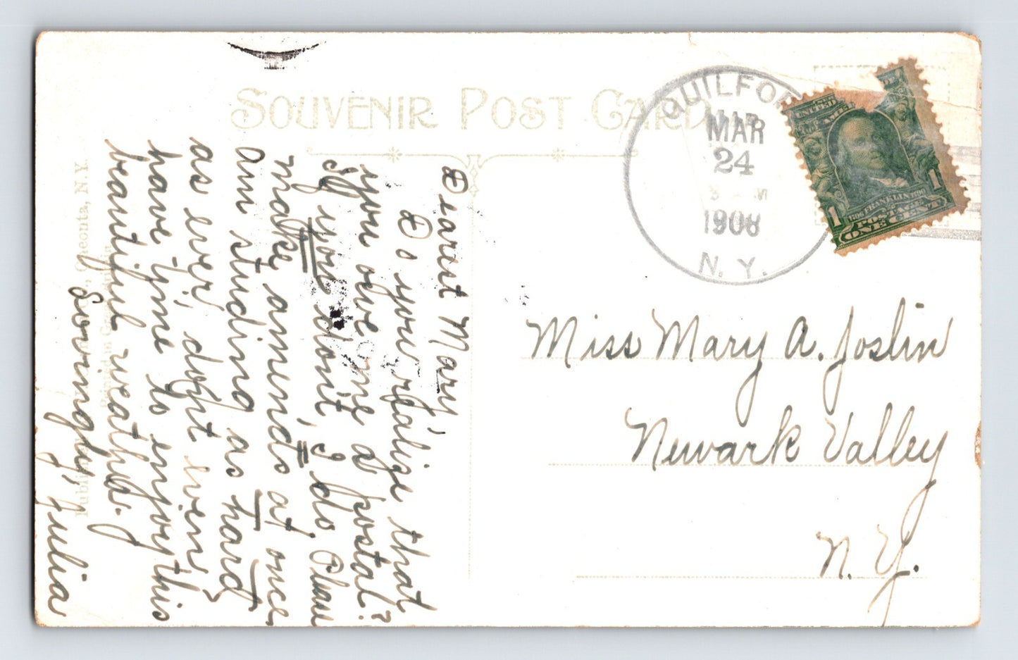 Guilford New York Old Bridge Lake Inlet 1908 Postcard Posted Divided Back