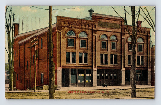 Lowville New York Opera House Town Hall building 1912 postcard street view