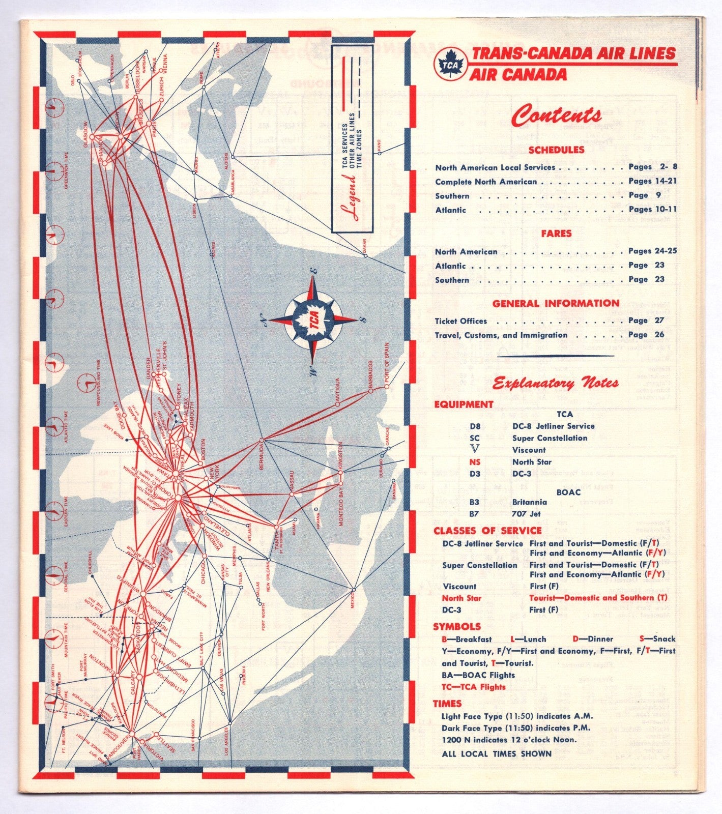 Trans Canada Air Lines 1960 DC 8 System Time Table Air Canada