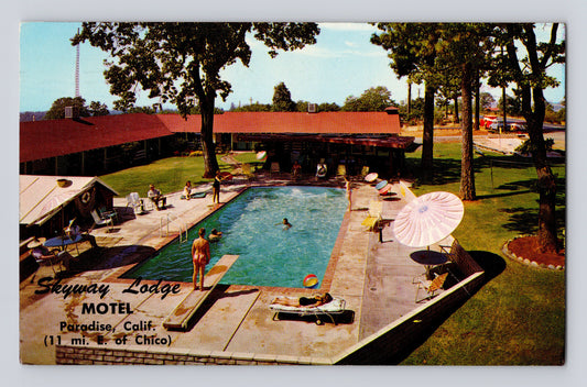 Paradise California Skyway Lodge Motel pool swimmers 1960s chrome postcard