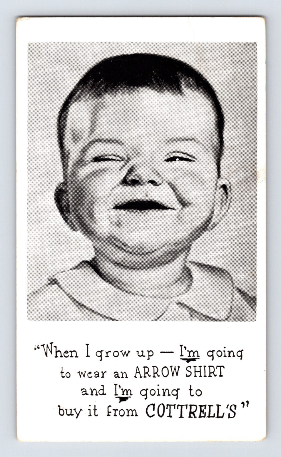 Denver Colorado Cottrell Clothing store baby Arrow shirt advertisement postcard black white 1940s