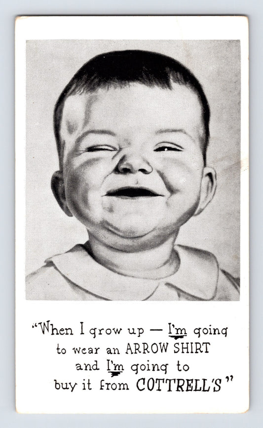 Denver Colorado Cottrell Clothing store baby Arrow shirt advertisement postcard black white 1940s