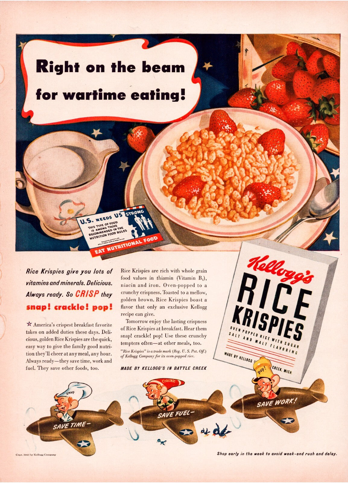 Kelloggs Rice Krispies cereal strawberries wartime eating vintage print advertisement