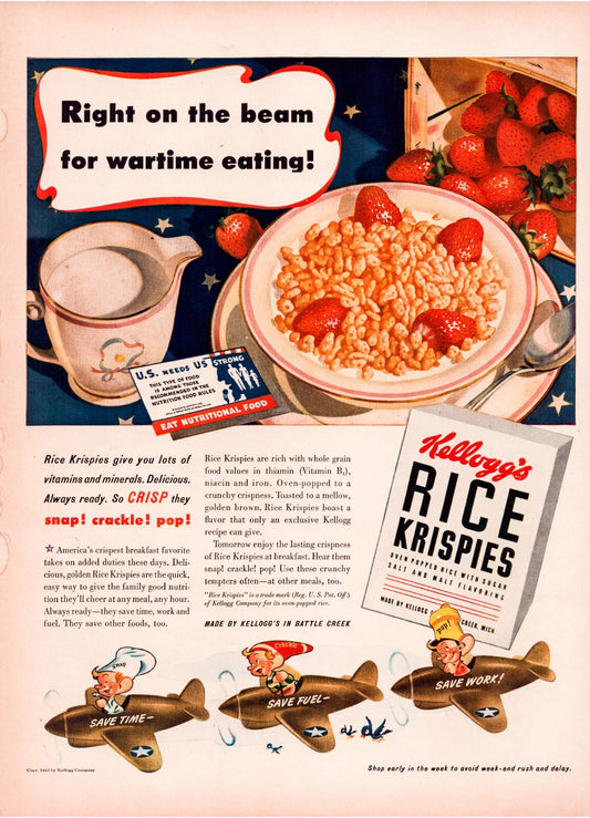 Kelloggs Rice Krispies cereal strawberries wartime eating vintage print advertisement