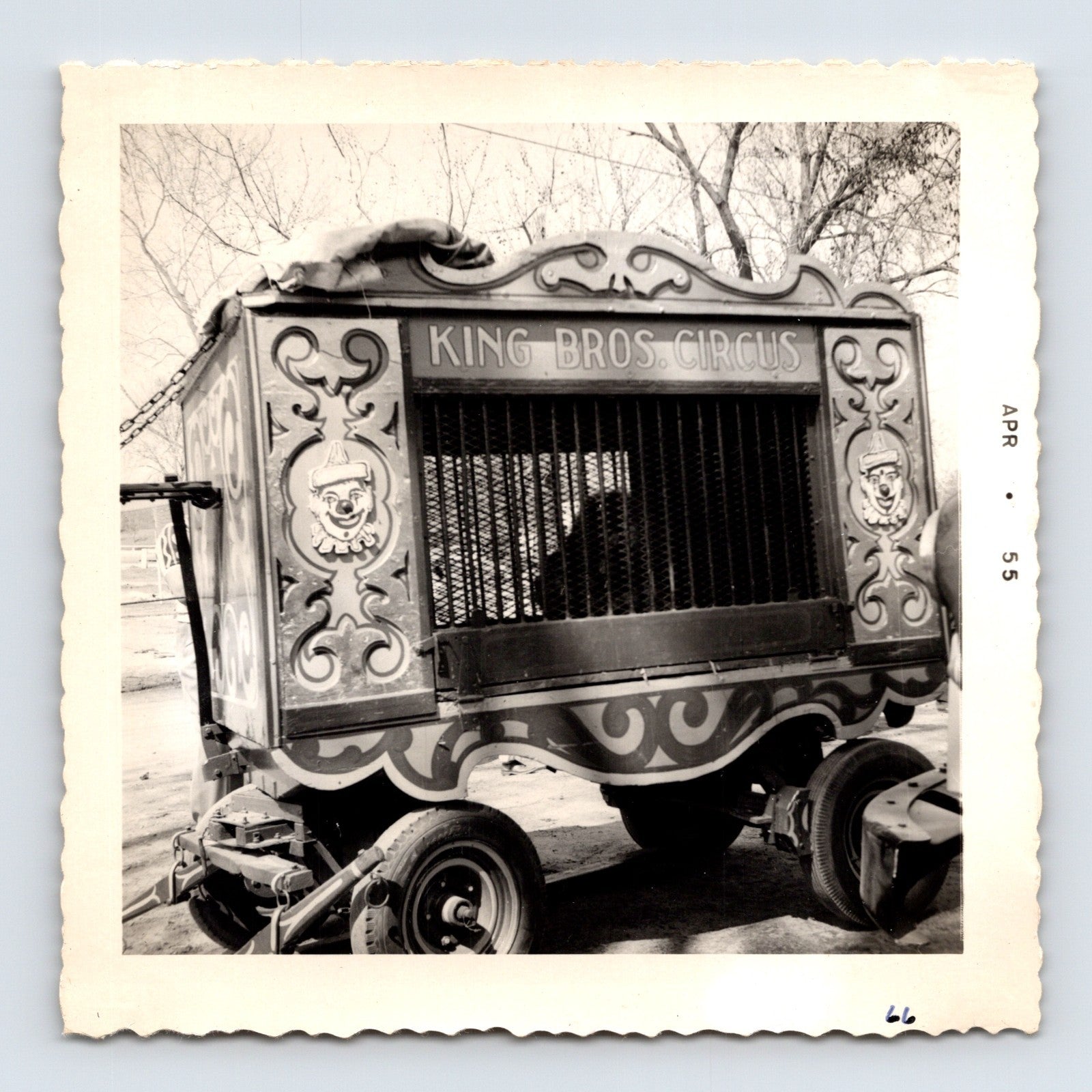King Bros Circus 1955 animal cage wagon ornate panels clown faces barred front photo