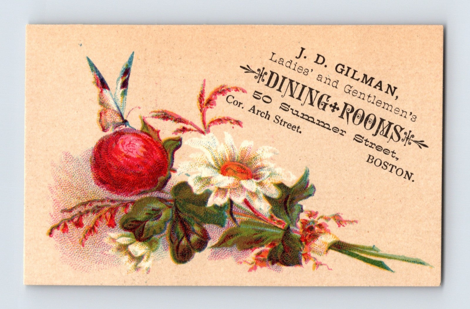 Boston Massachusetts J D Gilman Dining Rooms Victorian trade card floral illustration restaurant advertisement