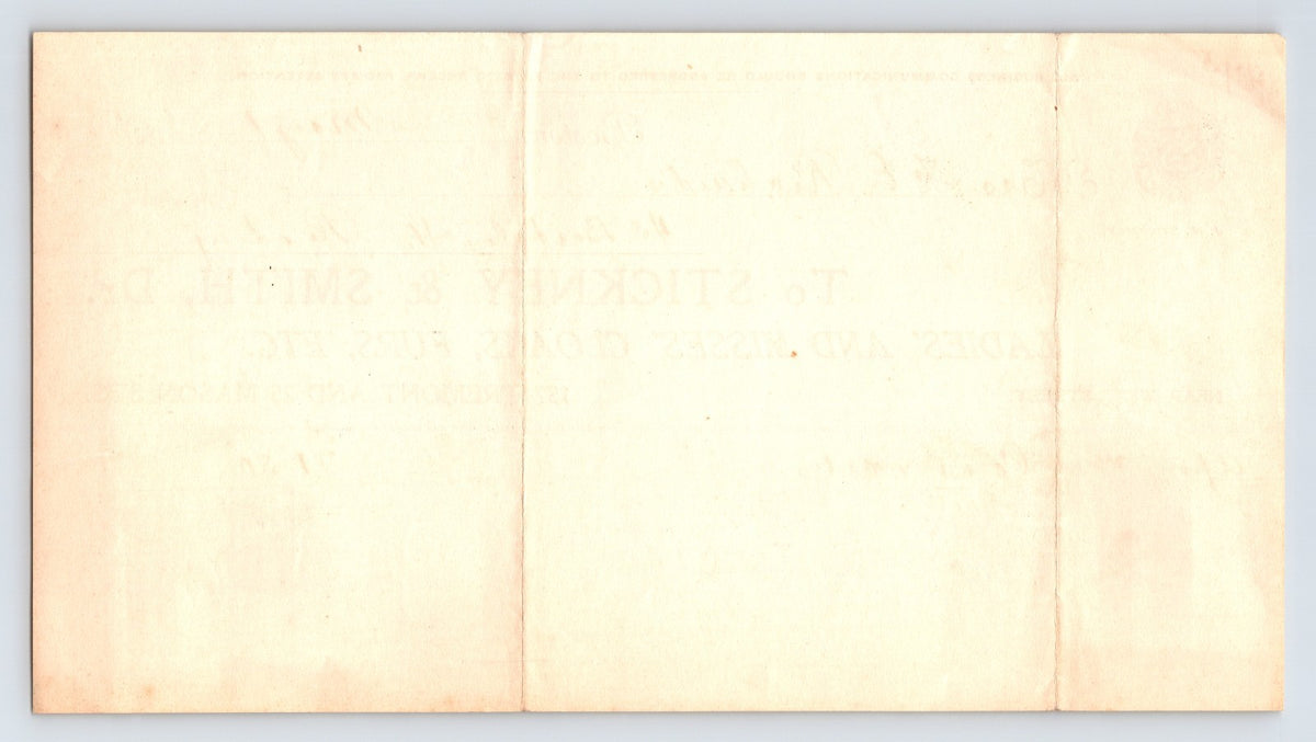 Boston Massachusetts 1905 Stickney Smith Cloaks Furs Billhead 8 x 4.5