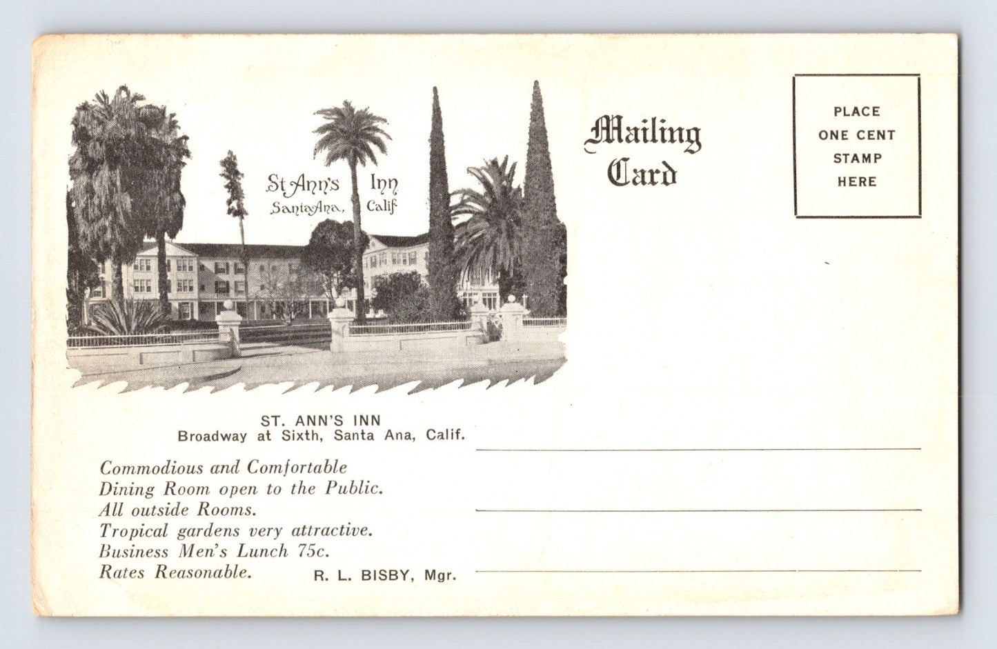 Santa Ana California St Ann’s Inn mailing card postcard with hotel illustration, tropical landscaping, and novelty check-box correspondence format on reverse.
