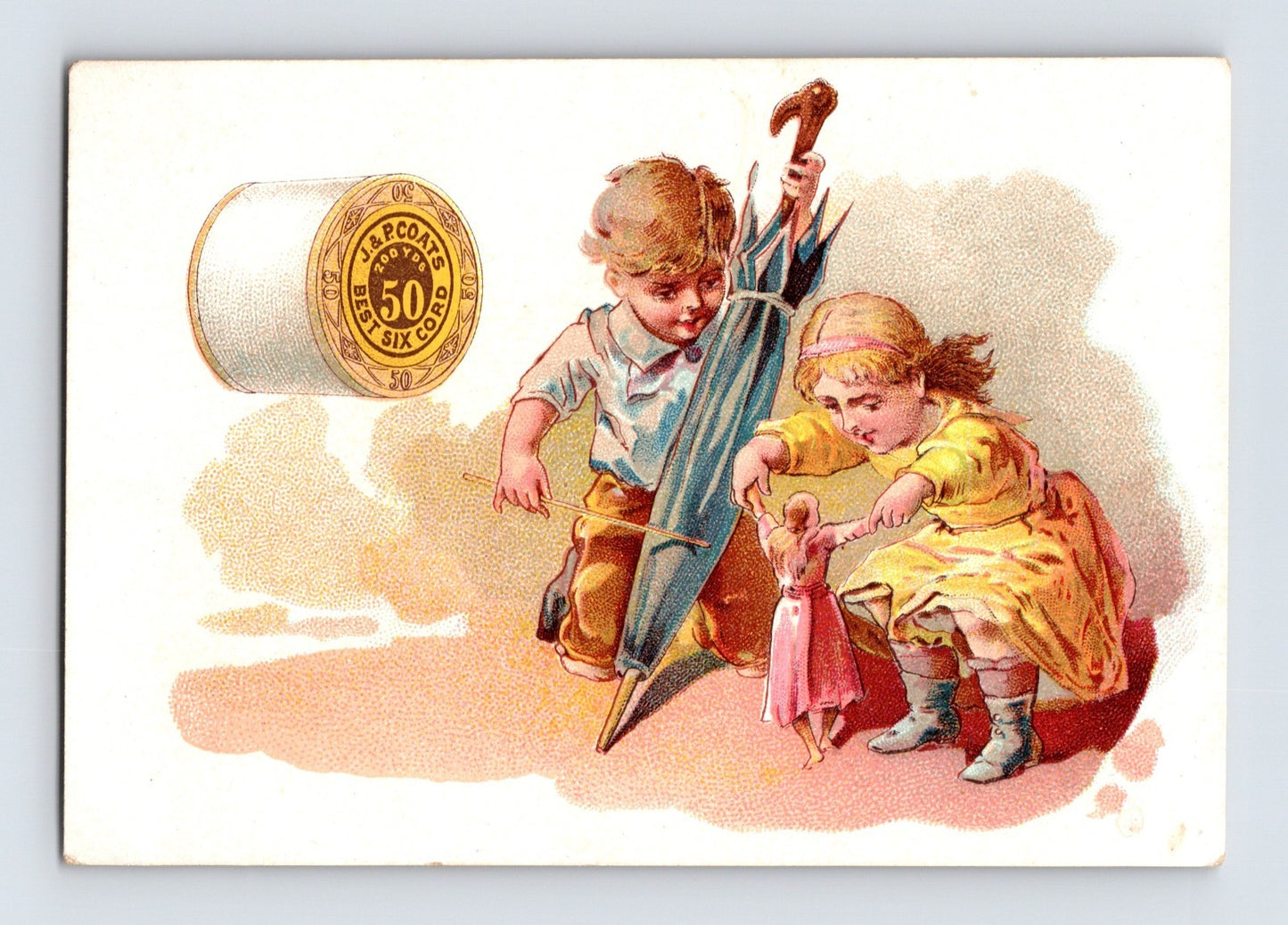 J P Coats children umbrella doll sewing thread Victorian trade card 1890s