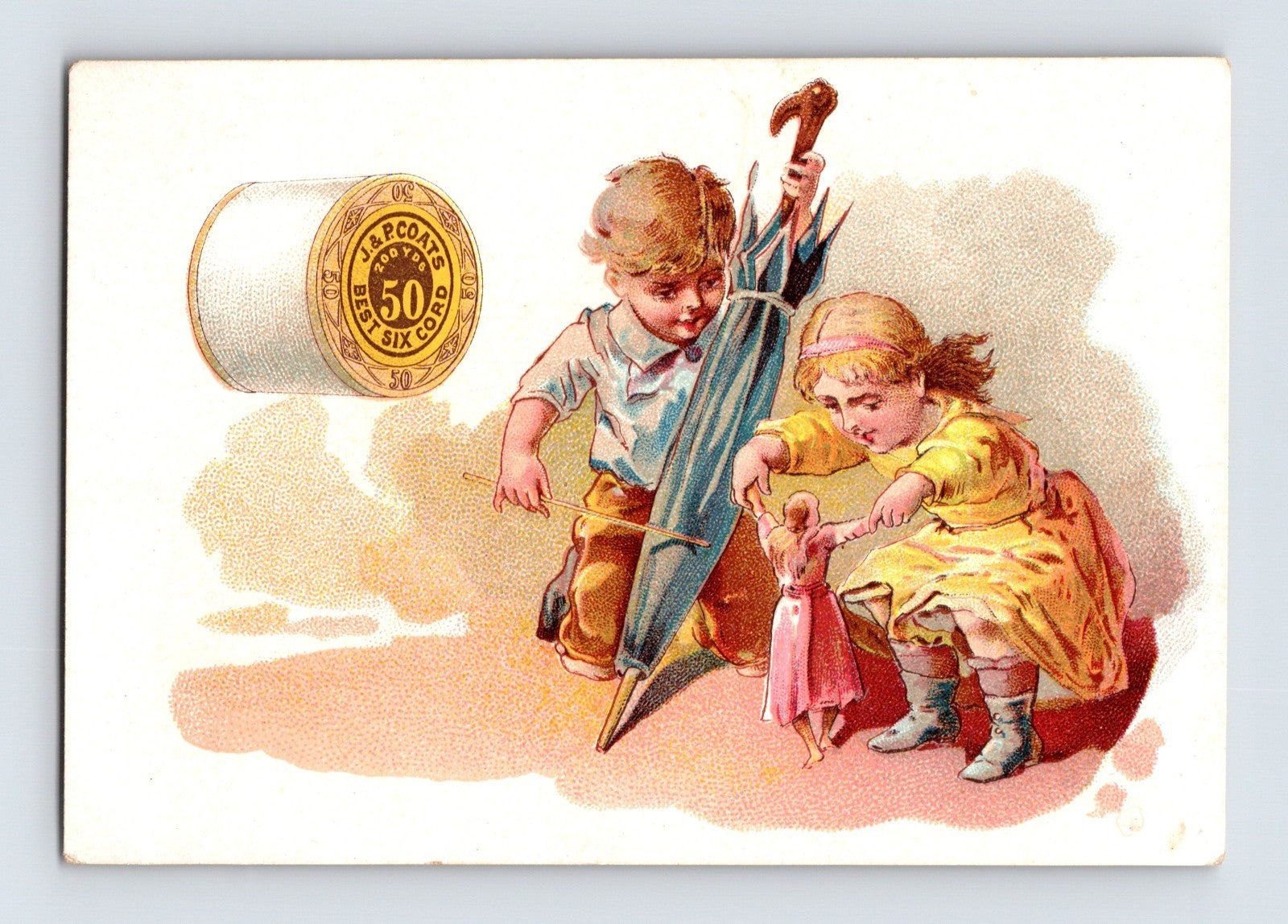 J P Coats children umbrella doll sewing thread Victorian trade card 1890s