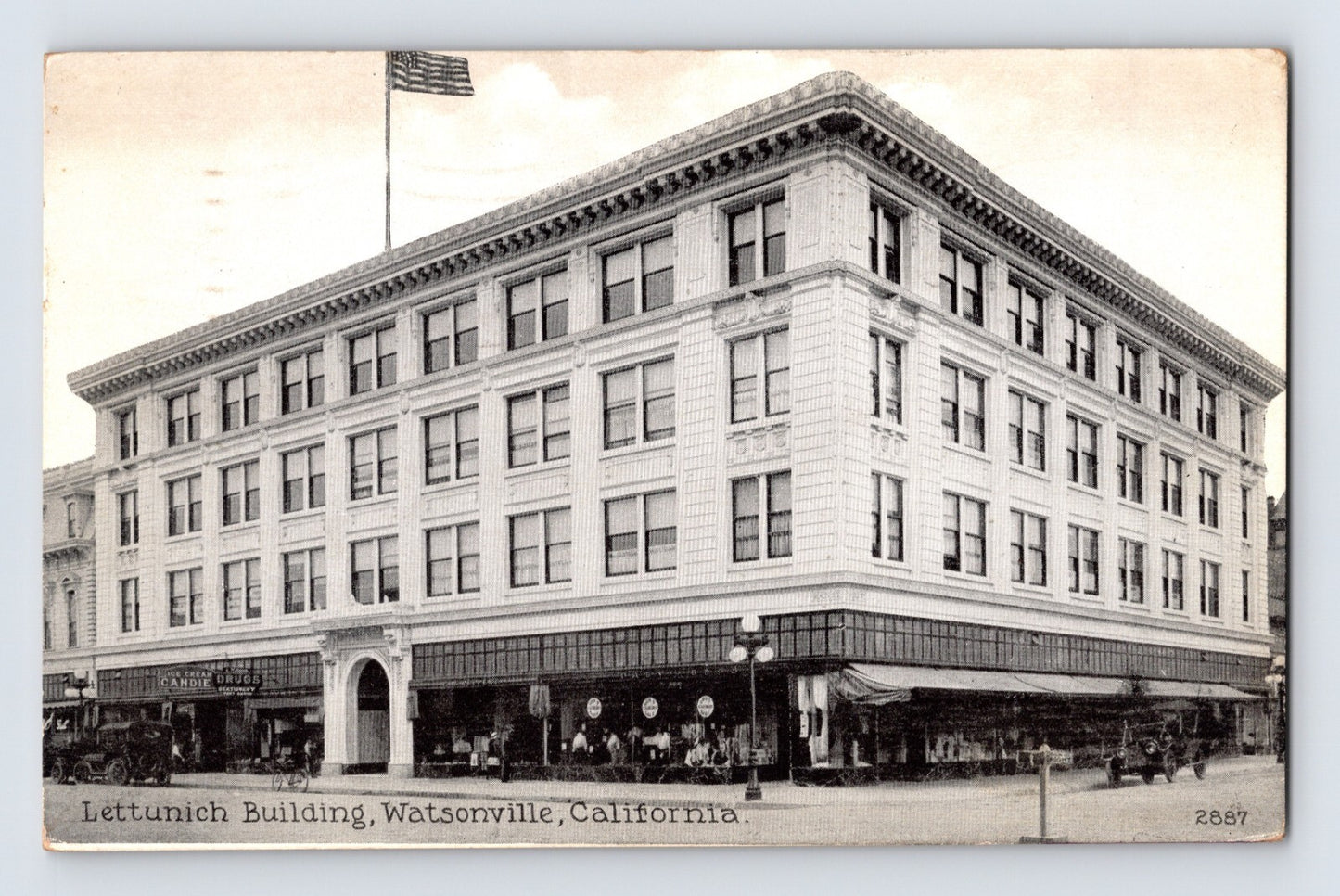 Watsonville California Lettunich Building street view storefronts early automobiles 1921 postcard