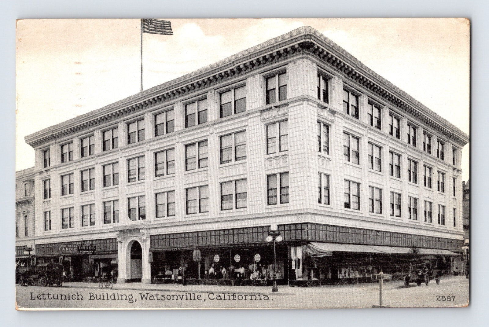 Watsonville California Lettunich Building street view storefronts early automobiles 1921 postcard