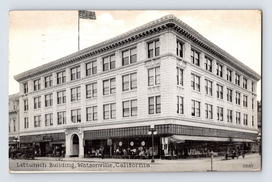 Watsonville California Lettunich Building street view storefronts early automobiles 1921 postcard