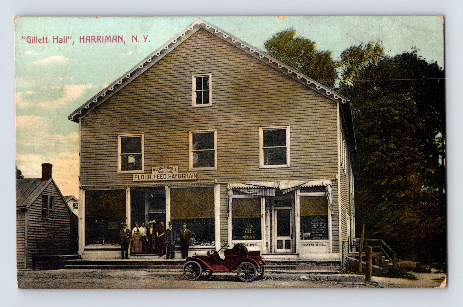 Gillett Hall Myer Birdsall grocer storefront with early gas automobile Harriman New York postcard