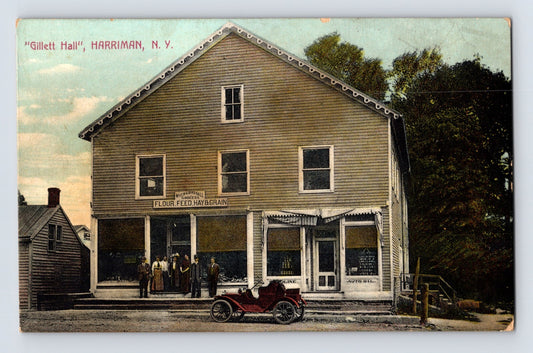 Gillett Hall Myer Birdsall grocer storefront with early gas automobile Harriman New York postcard