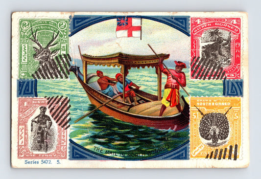 North Borneo Mail In postage stamps trade card boat scene Victorian era multicolor lithograph 1890s