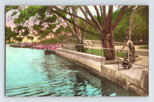 Southampton New York Lake Agawam shoreline walkway trees figure 1910s hand colored postcard