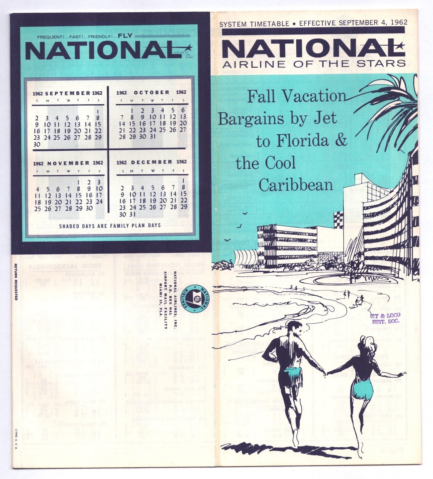 1962 National Airlines system timetable cover featuring turquoise design, beach resort illustration, couple in swimsuits, and Fall Vacation Bargains by Jet to Florida and the Cool Caribbean text