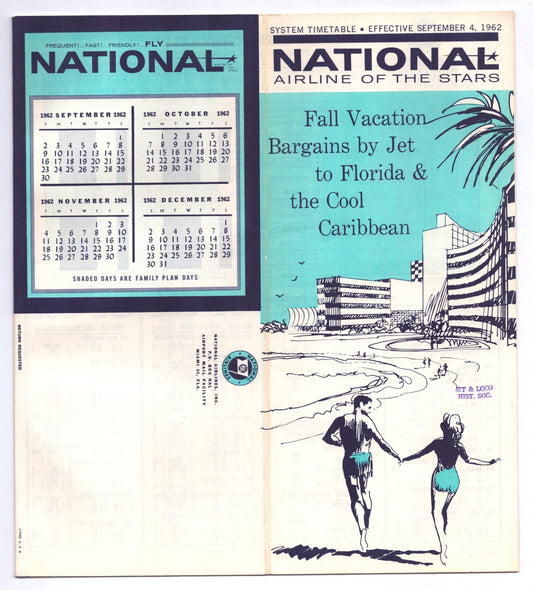 1962 National Airlines system timetable cover featuring turquoise design, beach resort illustration, couple in swimsuits, and Fall Vacation Bargains by Jet to Florida and the Cool Caribbean text