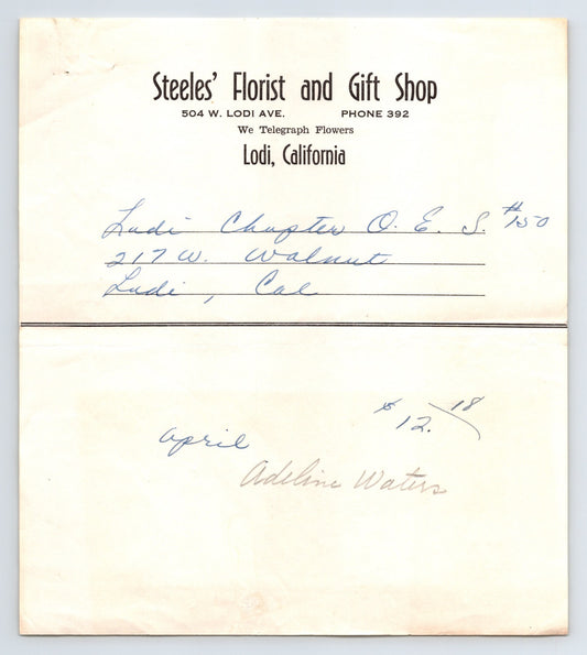 Lodi California Steeles Florist and Gift Shop billhead order slip 1920s